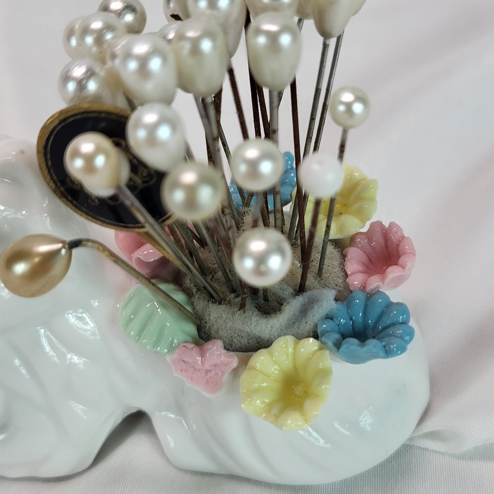 Vintage Ceramic White Cat Pin Cushion with Pearlized Hat Pins Floral Detail - Picture 6 of 13
